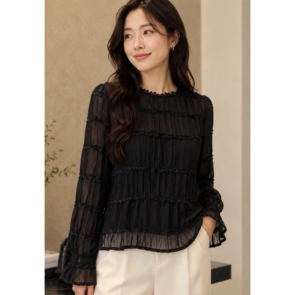 Boutique Brand Tops - Elegant Black Chiffon Ruffle Top Blouse S/4/6 Career Cocktail Classy Old Money